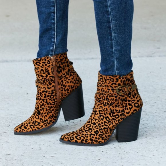 Qupid Leopard Buckle Detail Booties - Picture 2 of 7